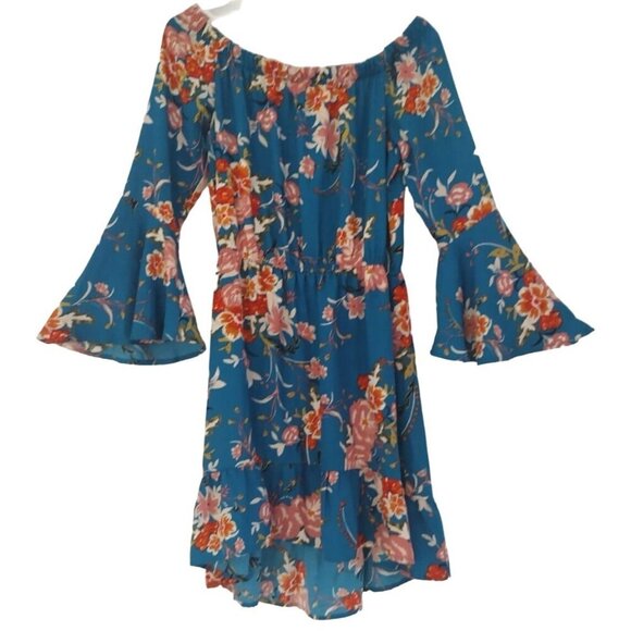 Women's Blue Polyester Off Shoulder Bell Sleeve Floral Print Dress - Size S. - Picture 1 of 8